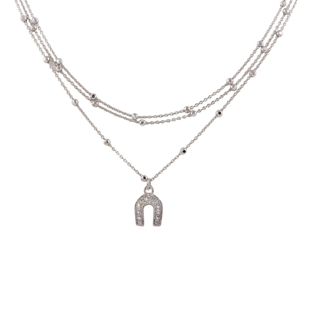 Sterling Silver Rhodium Plated Multi Chain DC Beaded Horse Shoe Charm Choker Necklace