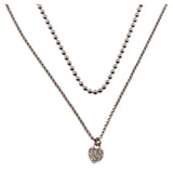 Sterling Silver Rhodium Plated Double Chain and Drop Heart Necklace