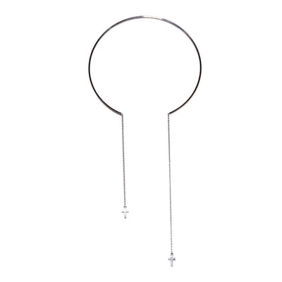 Sterling Silver Cuff Wire Necklace with Asymmetrical Dangling Cross