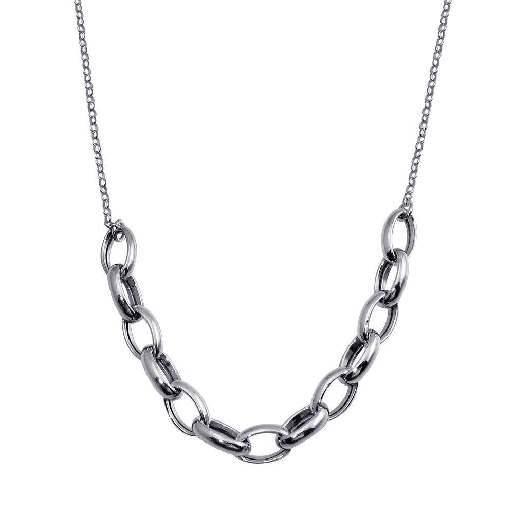 Sterling Silver Rhodium Plated Large Oval Link Center Necklace - silverdepot