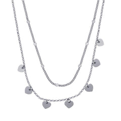 Sterling Silver Rhodium Plated Multi Chain Dangling Heart Charm Necklace