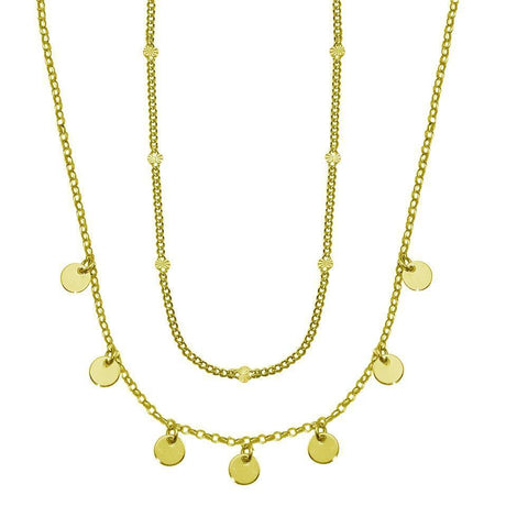 Sterling Silver Gold Plated Multi Chain Dangling Disc Charm Necklace