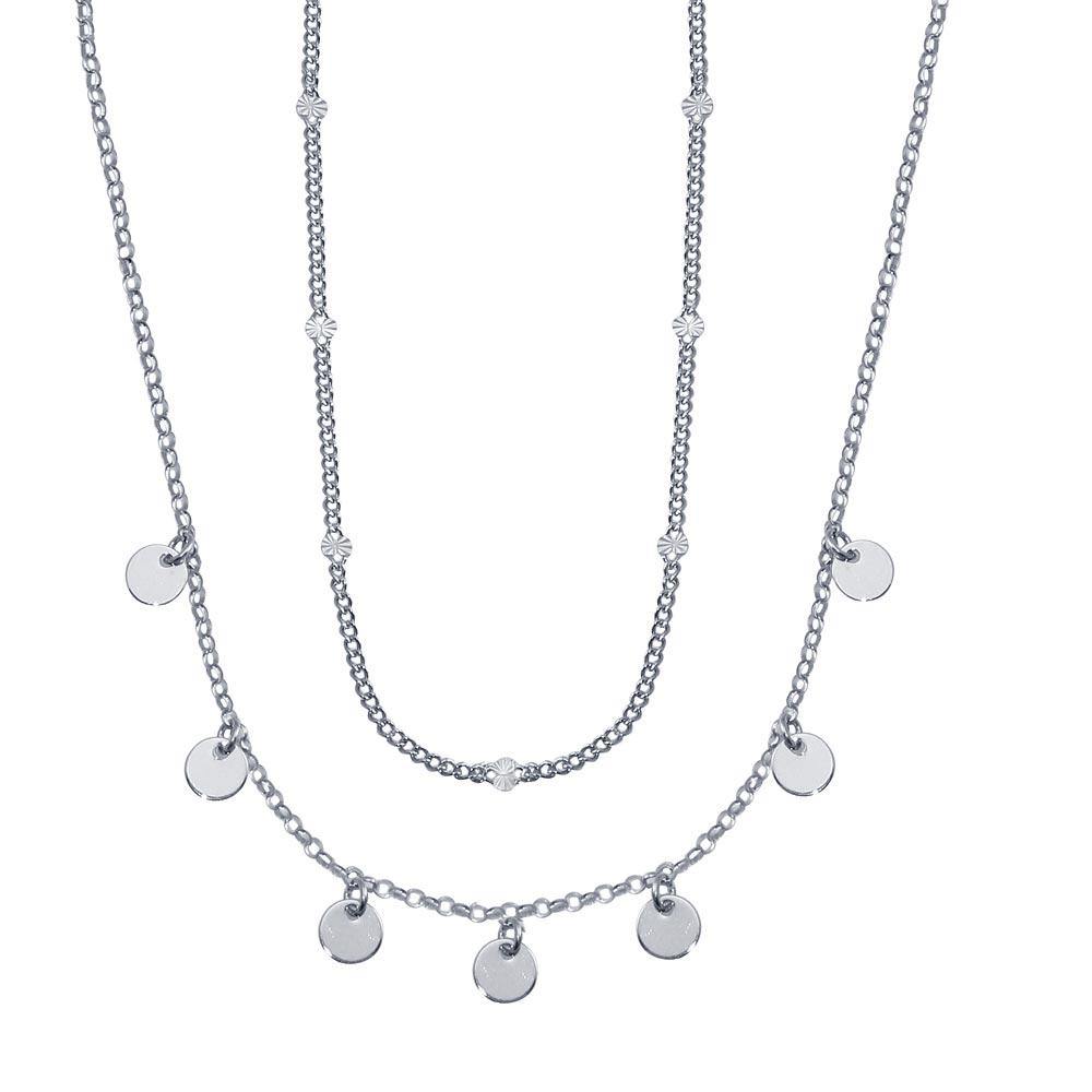 Sterling Silver Rhodium Plated Multi Chain Dangling Disc Charm Necklace - silverdepot