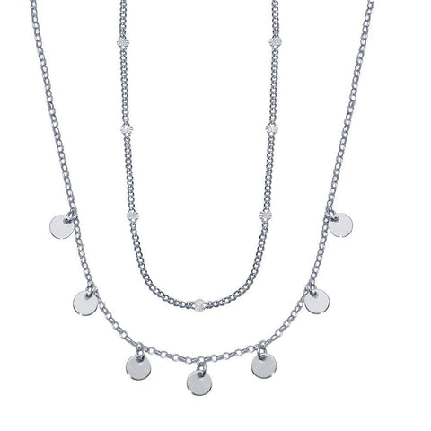 Sterling Silver Rhodium Plated Multi Chain Dangling Disc Charm Necklace