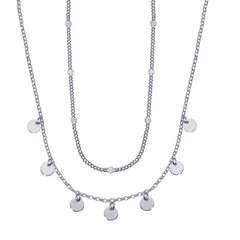 Sterling Silver Rhodium Plated Multi Chain Dangling Disc Charm Necklace