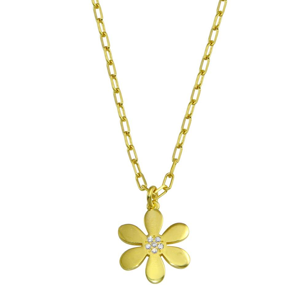Sterling Silver Gold Plated Paperclip Chain Flower CZ Necklace