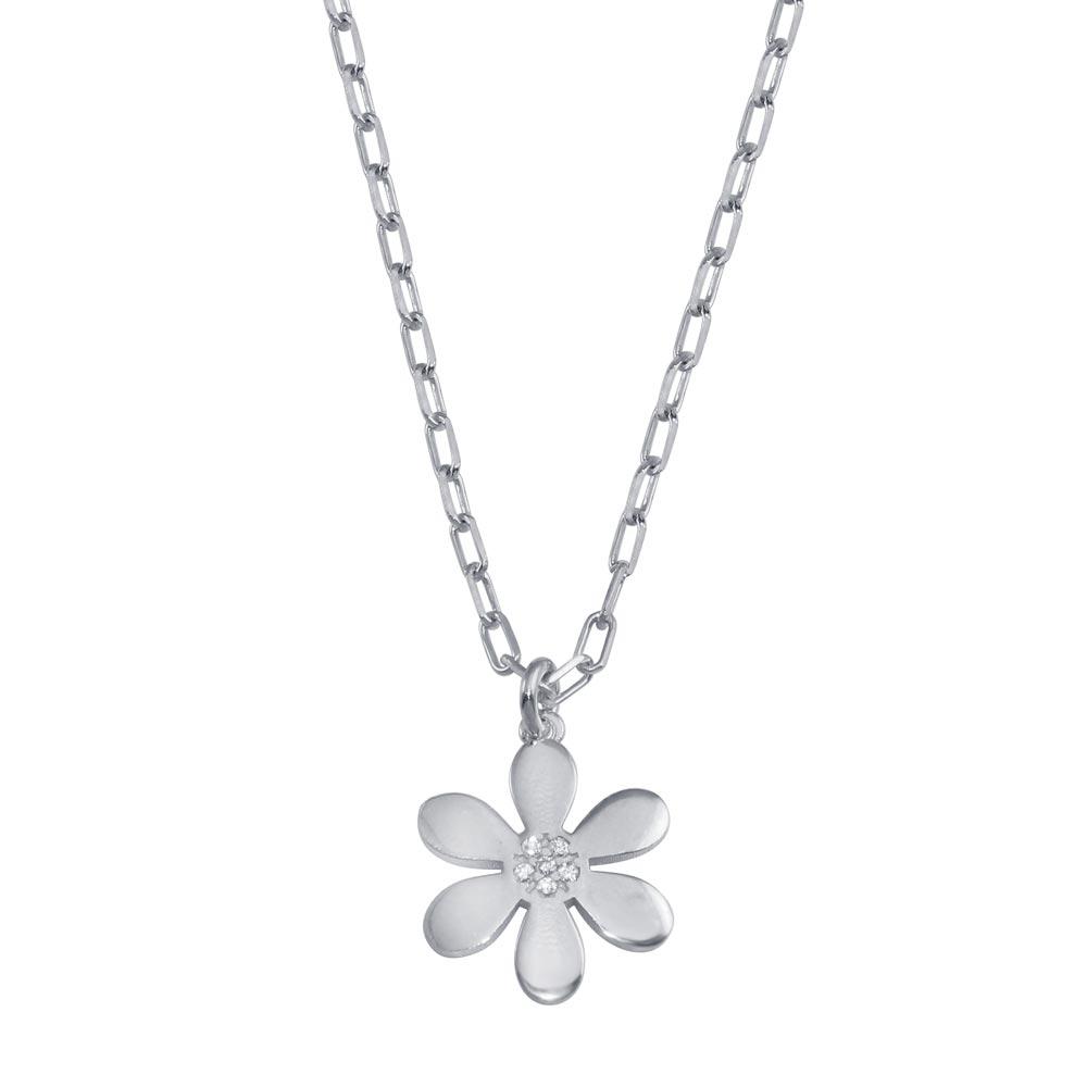 Sterling Silver Rhodium Plated Paperclip Chain Flower CZ Necklace