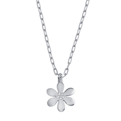 Sterling Silver Rhodium Plated Paperclip Chain Flower CZ Necklace