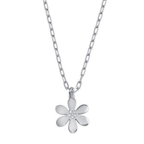 Sterling Silver Rhodium Plated Paperclip Chain Flower CZ Necklace