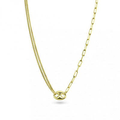 Sterling Silver Gold Plated Puffed Mariner Double Strand Curb And Single Paperclip Adjustable Link Necklace