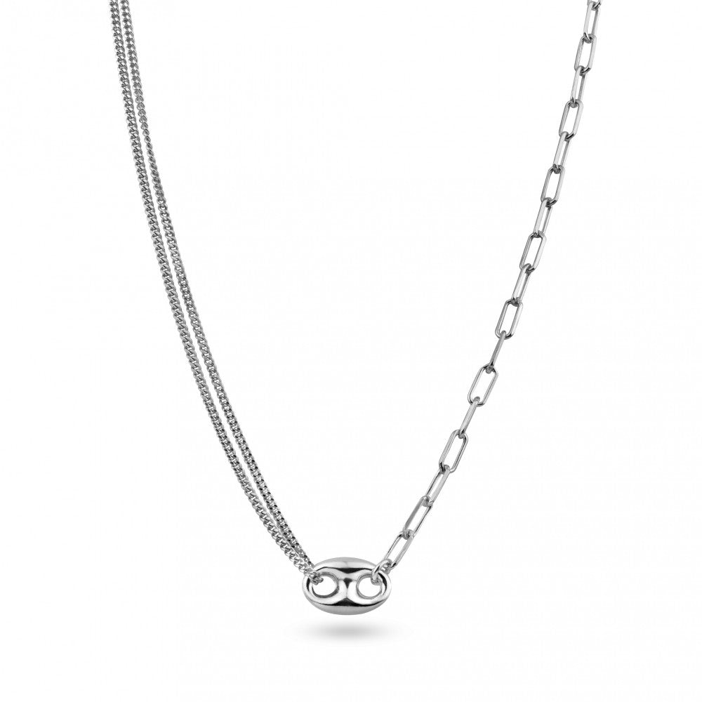 Sterling Silver Rhodium Plated Puffed Mariner Double Strand Curb And Single Paperclip Adjustable Link Necklace