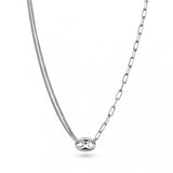 Sterling Silver Rhodium Plated Puffed Mariner Double Strand Curb And Single Paperclip Adjustable Link Necklace