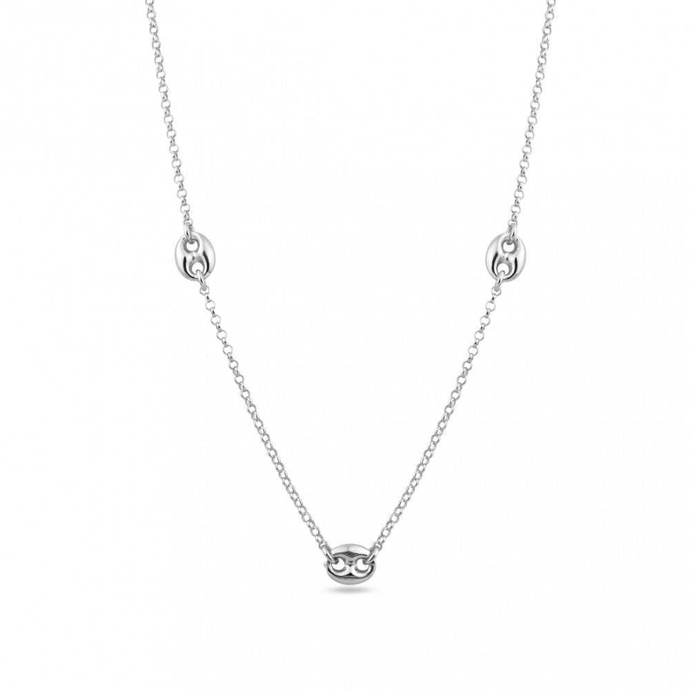 Sterling Silver Rhodium Plated Three Puffed Mariner Adjustable Link Necklace