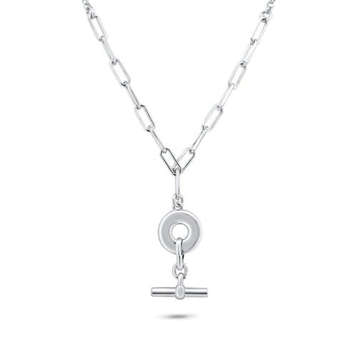 Sterling Silver Rhodium Plated Paperclip Rolo Adjustable Donut and Bar Necklace