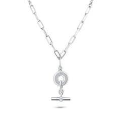 Sterling Silver Rhodium Plated Paperclip Rolo Adjustable Donut and Bar Necklace