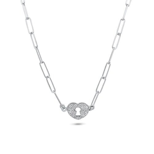 Sterling Silver Rhodium Plated Adjustable Clear CZ Heart Lock Necklace