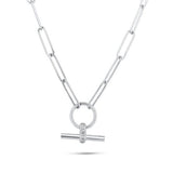 Sterling Silver Rhodium Plated Paperclip Adjustable Clear CZ Toggle Charm Bar Necklace