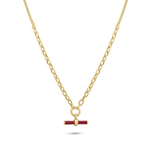 Sterling Silver Gold Plated Curb Rolo Adjustable Enamel Red Bar Necklace