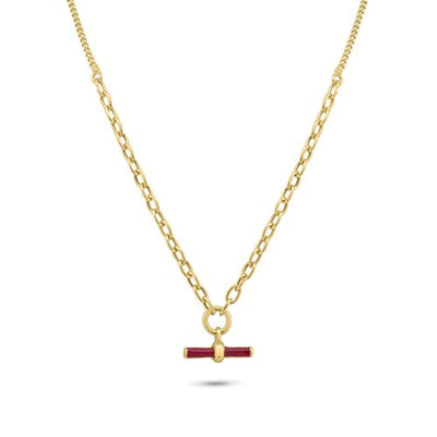 Sterling Silver Gold Plated Curb Rolo Adjustable Enamel Red Bar Necklace