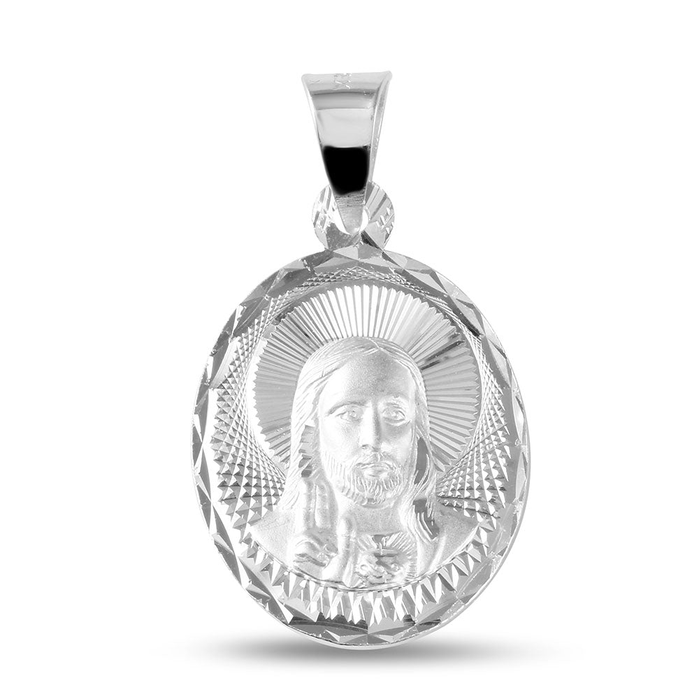 Sterling Silver High Polished Diamond Cut Jesus 27mm x 19mm Medallion