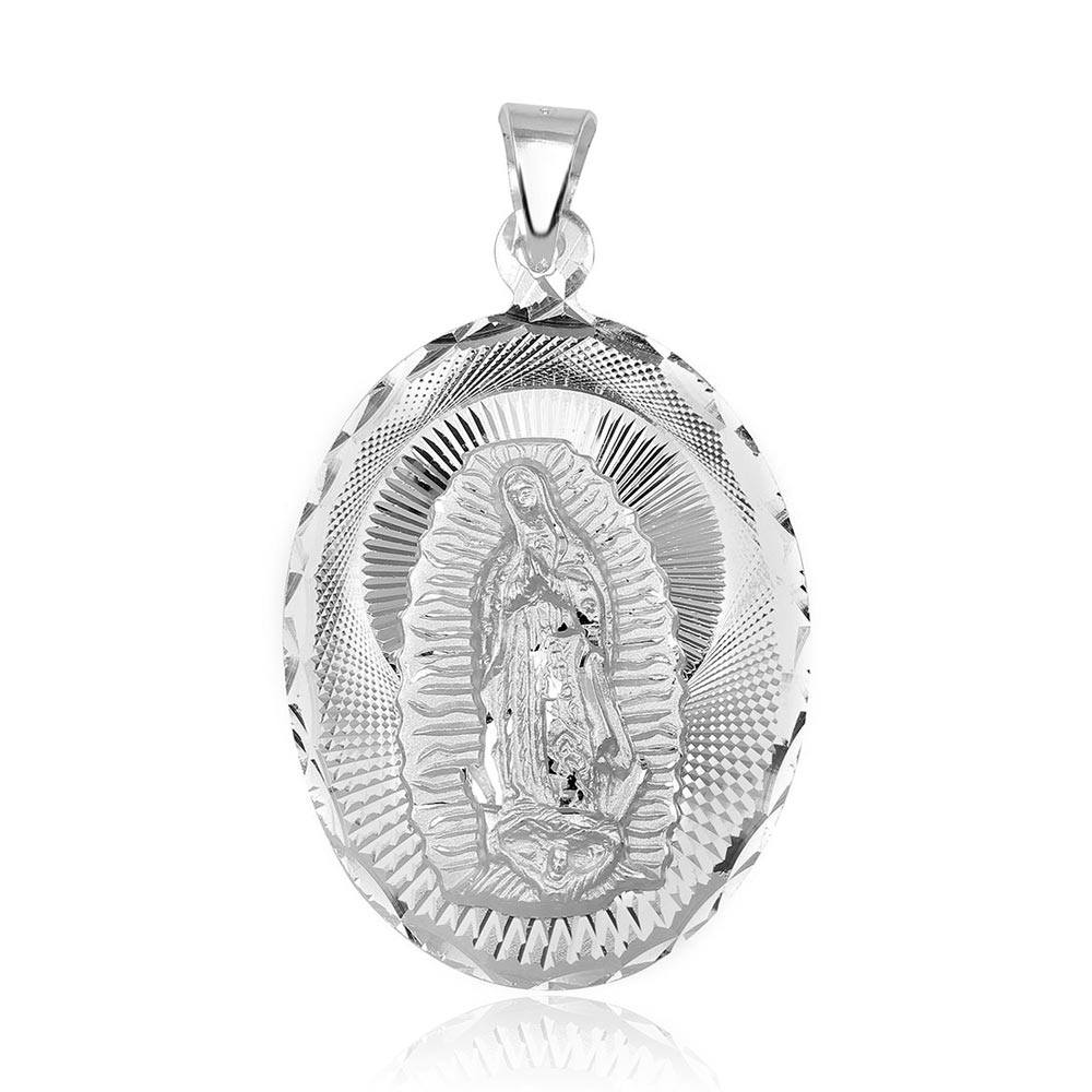 Sterling Silver High Polished Diamond Cut Lady Of Guadalupe Medallion 26mm x 45mm Pendant