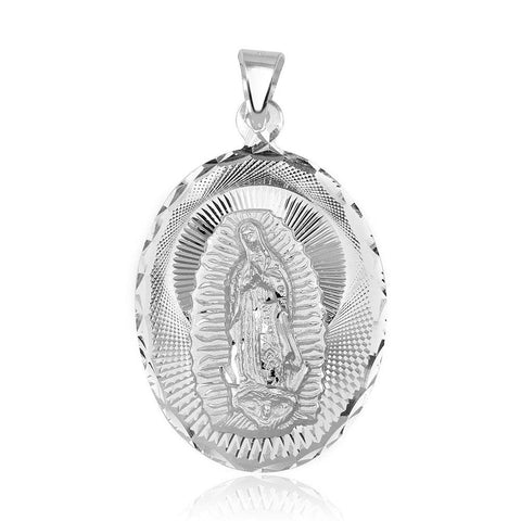 Sterling Silver High Polished Diamond Cut Lady Of Guadalupe Medallion 26mm x 45mm Pendant