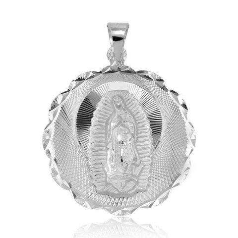 Sterling Silver High Polished DC Wavy Edge Round Lady OF Guadalupe Medallion 33mm Pendant