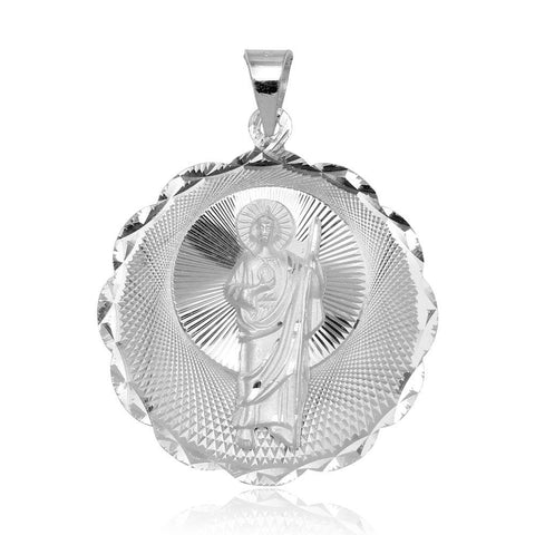 Sterling Silver High Polished DC Wavy Edge Round St. Jude Medallion 33mm Pendant