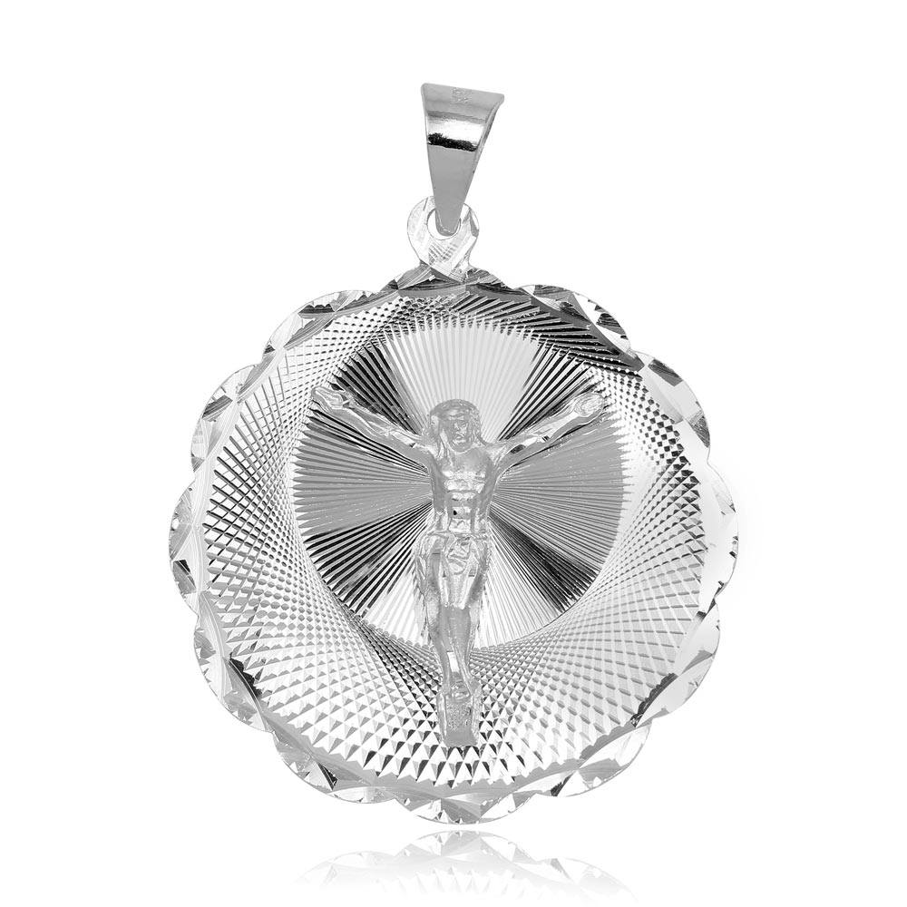 Sterling Silver High Polished DC Wavy Edge Round Crucifix Medallion Pendant