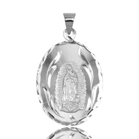 Sterling Silver High Polished DC Oval Lady Of Guadalupe Medallion 26mm x 45mm Pendant