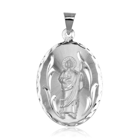 Sterling Silver High Polished Oval St. Jude Medallion 26mm x 45mm Pendant