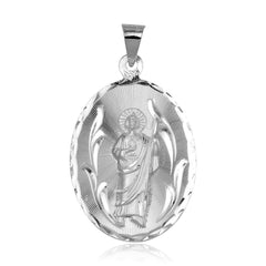 Sterling Silver High Polished Oval St. Jude Medallion 26mm x 45mm Pendant