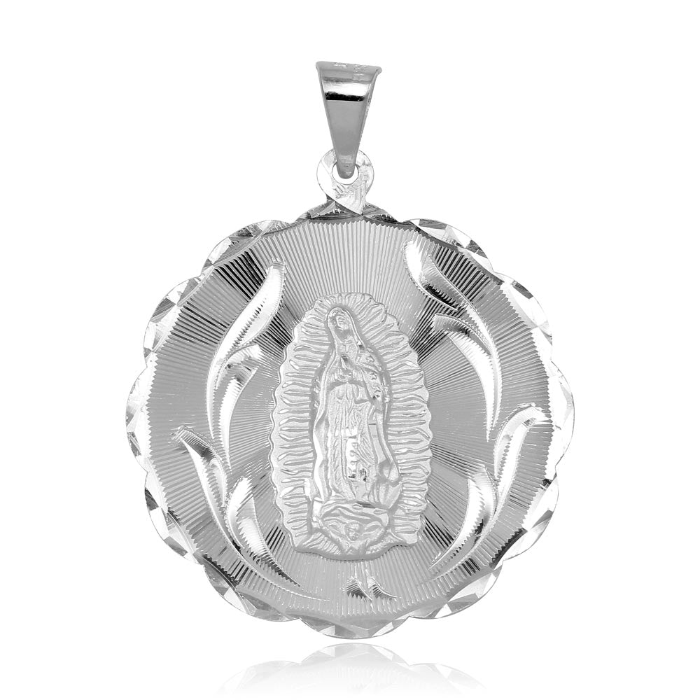 Sterling Silver High Polished DC Round Lady of Guadalupe Medallion 33mm Pendant
