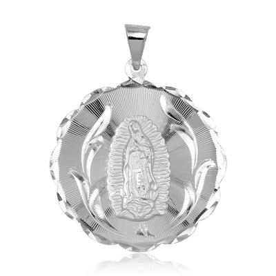 Sterling Silver High Polished DC Round Lady of Guadalupe Medallion 33mm Pendant