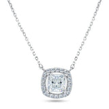 Sterling Silver Rhodium Plated Square Halo Moissanite Necklace