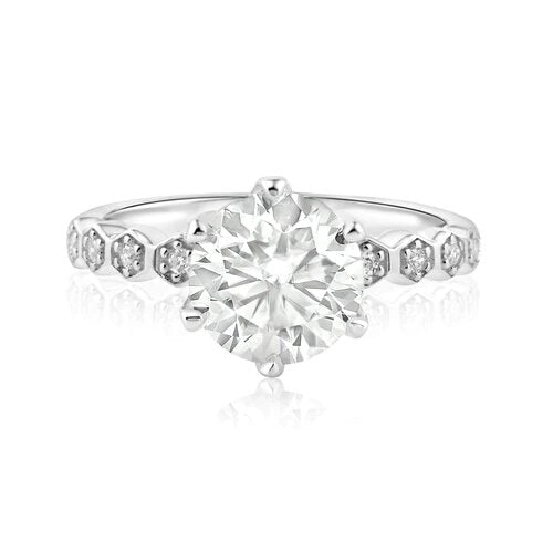 Sterling Silver Rhodium Plated 2 Carat Round 9mm Moissanite and Clear CZ Ring