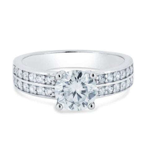 Sterling Silver Rhodium Plated Double Row Shank Round Moissanite Stones Ring