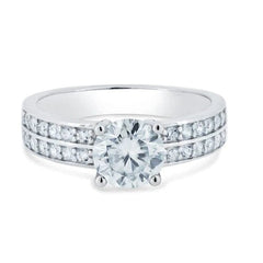 Sterling Silver Rhodium Plated Double Row Shank Round Moissanite Stones Ring