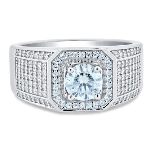 Sterling Silver Rhodium Plated Men's 1 Carat Moissanite Stones Encrusted Statement Ring