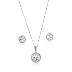 Sterling Silver Rhodium Plated Round Moissanite 0.5 Carat Earring and 2 Carat Necklace Sets