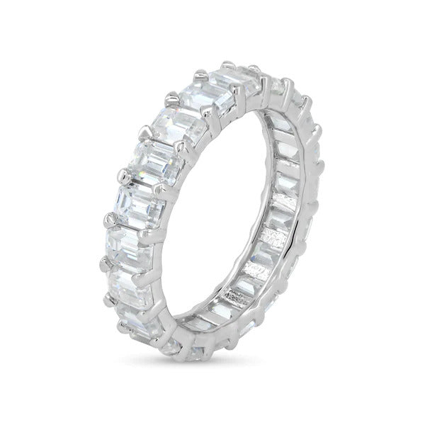 Sterling Silver Rhodium Square Moissanite Stone Eternity Band Ring
