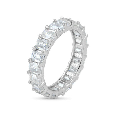 Sterling Silver Rhodium Square Moissanite Stone Eternity Band Ring