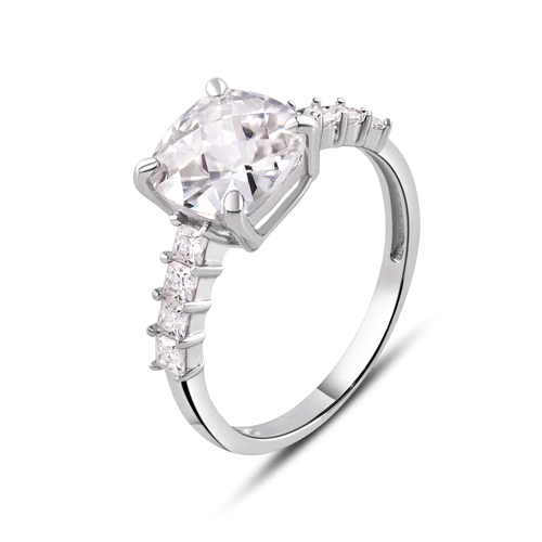 Sterling Silver Rhodium Moissanite Square Stone Engagement Ring Thickness-2.6mm, Dimensions-7.8mm