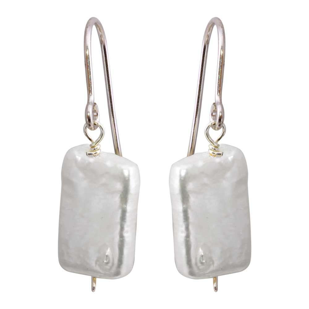Sterling Silver Rhodium Plated Fish Hook Square Dangling Pearl Earrings