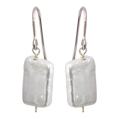 Sterling Silver Rhodium Plated Fish Hook Square Dangling Pearl Earrings