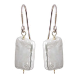 Sterling Silver Rhodium Plated Fish Hook Square Dangling Pearl Earrings