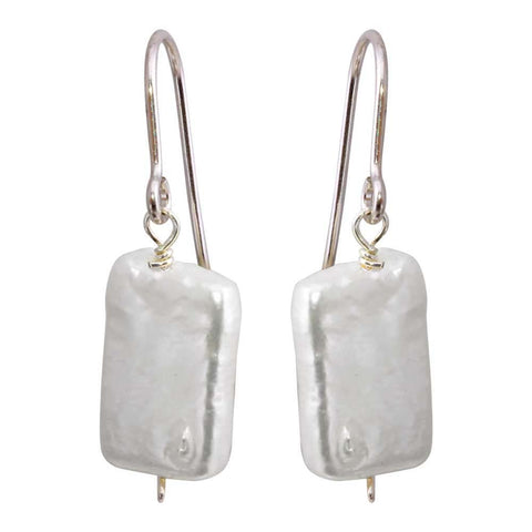 Sterling Silver Rhodium Plated Fish Hook Square Dangling Pearl Earrings