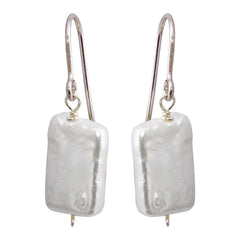 Sterling Silver Rhodium Plated Fish Hook Square Dangling Pearl Earrings