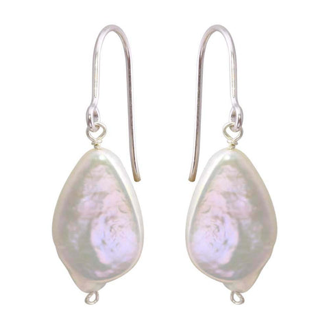 Sterling Silver Rhodium Plated Fish Hook Teardrop Shape Dangling Pearl Earrings