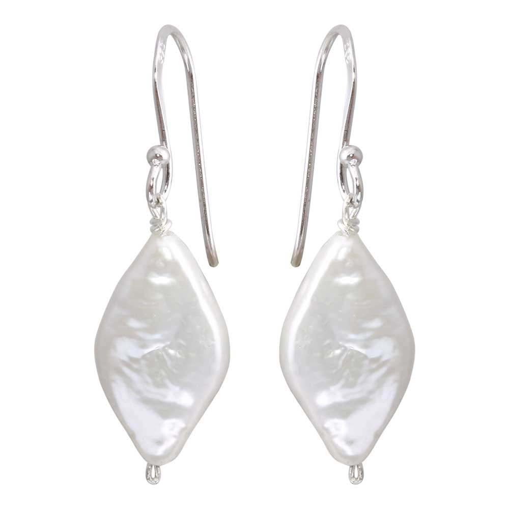 Sterling Silver Rhodium Plated Fish Hook Diamond Shape Dangling Pearl Earrings